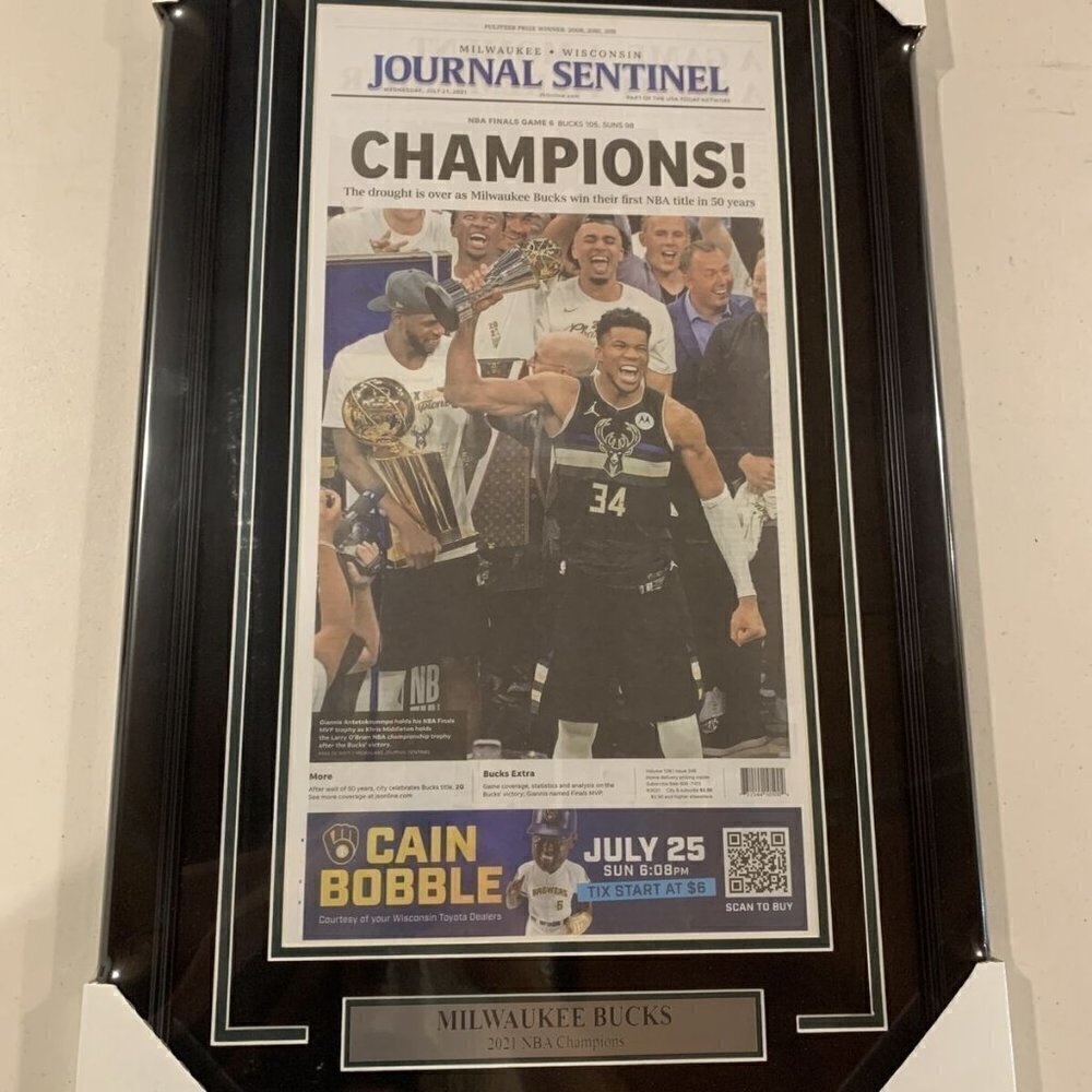 Bucks 2021 NBA champions Milwaukee Journal Sentinel original Newspaper Framed